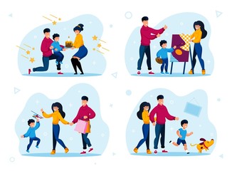 Fototapeta premium Happy Family Traditions and Relationships Trendy Flat Vector Concepts Set. Parents with Child Celebrating Birthday Holiday, Drawing Painting, Shopping on Sale, Playing with Dog Isolated Illustrations