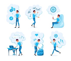 Modern Man Daily Routines, Life Situations and Activities, Isolated, Trendy Flat Vectors Set. Guy Character Listening Music and Dancing, Taking Coffee Break, Hurrying on Business Isolated Illustration