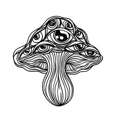 Magic mushrooms. Psychedelic hallucination. Outline vector illustration isolated on white. 60s hippie art. Coloring book for kids and adults.