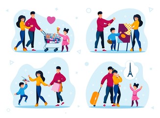 Fototapeta premium Family Daily Activities and Leisure Trendy Flat Vector Concepts Set. Parents with Children Shopping in Supermarket, Drawing Painting, Buying Toys, Going on Vacation Journey Isolated Illustrations