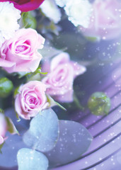 Delicate floral background with copy space under the text. Blurred background with spring flowers, bokeh. Bouquet of flowers close-up