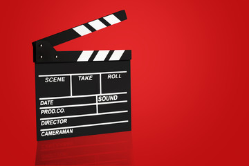 Fototapeta na wymiar Blank Film clapper board or movie clapper cinema board , Slate film on red background .cinema concept clipping path included.