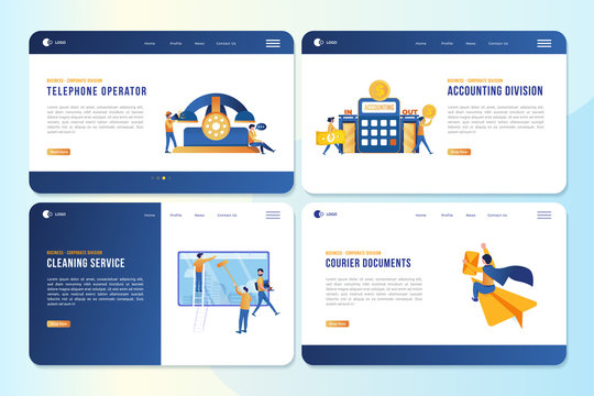 Office worker illustration and team division in corporate on landing page set