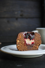 chocolate cake desert, festive table setting (coffee, gifts, sweets) menu concept. food background. top view. copy space