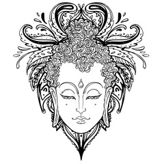 Buddha face over ornate mandala round pattern. Esoteric vintage vector illustration. Indian, Buddhism, spiritual art. Hippie tattoo, spirituality, Thai god, yoga zen Coloring book pages for adults.