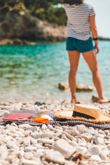 sea stuff at blanket at rocky beach