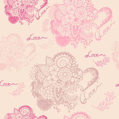 Seamless pattern of a bouquet of flowers on a pink background and the inscription love. Valentine's Day