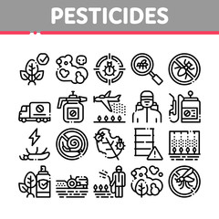 Pesticides Chemical Collection Icons Set Vector Thin Line. Pesticides For Agricultural Field Processing By Plane, Bottle Spray And Equipment Concept Linear Pictograms. Monochrome Contour Illustrations