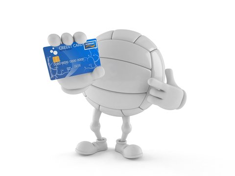 Volley ball character holding credit card