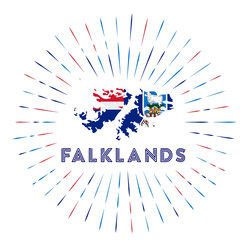 Falklands sunburst badge. The country sign with a map of the Falklands with the Falkland Islander flag. Colorful rays around the logo. Vector illustration.