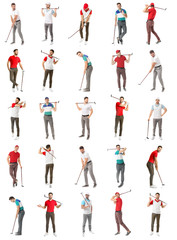 Collage with handsome male golfers on white background