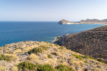 Landscape of the natural park of Cabo de Gata in the south of Spain. Almeria, Andalucia. Mediterranean Sea