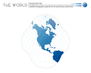 Abstract geometric world map. Modified stereographic projection for the conterminous United States of the world. Blue Shades colored polygons. Amazing vector illustration.