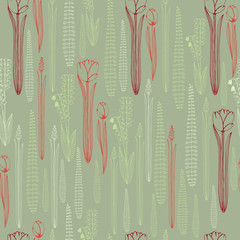Seamless pattern with long flowers, tulips, lilies of the valley, branches with leaves. Sketch, abstract illustration for printing on paper and fabric.