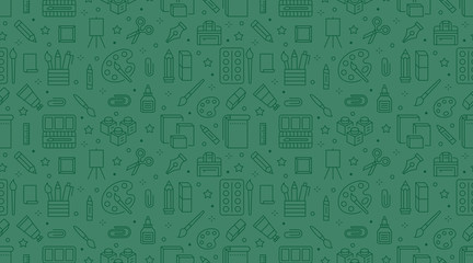 Stationery background, school tools seamless pattern. Art education wallpaper with line icons of pencil, pen, paintbrush, palette, notebook. Painter supplies vector illustration green color