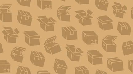 Delivery box background, cargo package seamless pattern. Various open and closed cardboard boxes, parcel flat icons. Warehouse, storage vector illustration brown color