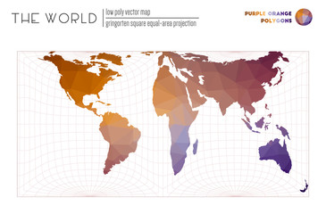 Abstract geometric world map. Gringorten square equal-area projection of the world. Purple Orange colored polygons. Contemporary vector illustration.