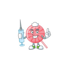 Smiley Nurse pink round lollipop cartoon character with a syringe - 315576563