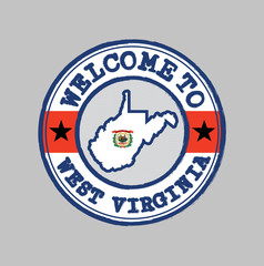 Vector stamp of welcome to West Virginia with map outline of the state in center.