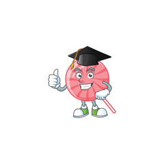 happy and proud of pink round lollipop wearing a black Graduation hat