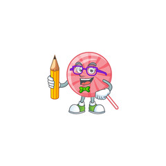 A picture of Student pink round lollipop character holding pencil - 315576932