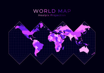World Map. HEALPix projection. Digital world illustration. Bright pink neon colors on dark background. Astonishing vector illustration.