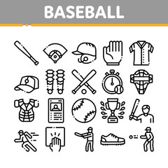 Fototapeta premium Baseball Game Tools Collection Icons Set Vector Thin Line. Baseball Bat And Ball, Protection Helmet And Glove, Stopwatch And Cup Concept Linear Pictograms. Monochrome Contour Illustrations