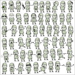 Various Comic Army Man Character Poses - Set of Concepts Vector illustrations