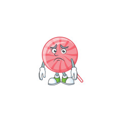 A picture of pink round lollipop showing afraid look face