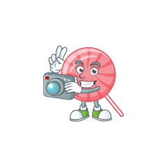 Cool Photographer pink round lollipop character with a camera