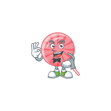 Friendly pink round lollipop Character stand as a Waiter character