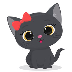 Cute gray kitten with red bow isolated on a white background. Funny pet, charming sitting kitten of British breed, cute furry friend. Cartoon style, vector