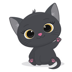 Cute gray kitten isolated on a white background. A funny pet, a charming sitting kitten of the British breed raised its paw, a cute furry friend. Cartoon style, vector