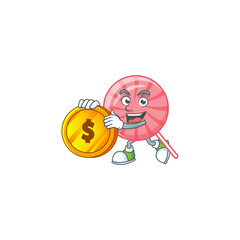 Rich pink round lollipop mascot cartoon design style with gold coin - 315579117