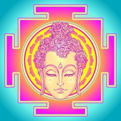 Buddha face over ornate mandala round pattern. Esoteric vintage vector illustration. Indian, Buddhism, spiritual art. Hippie tattoo, spirituality, Thai god, yoga zen Coloring book pages for adults.