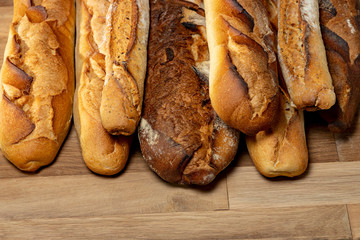 French baguettes. Fresh crisp bread. Copy space.