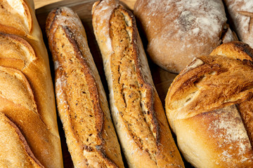 French baguettes. Fresh crisp bread. Bread background.