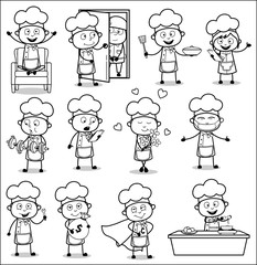 Cartoon Chef - Set of Black and White Concepts Vector illustrations