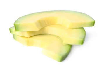 Naklejka na ściany i meble Slices of tasty ripe avocado on white background