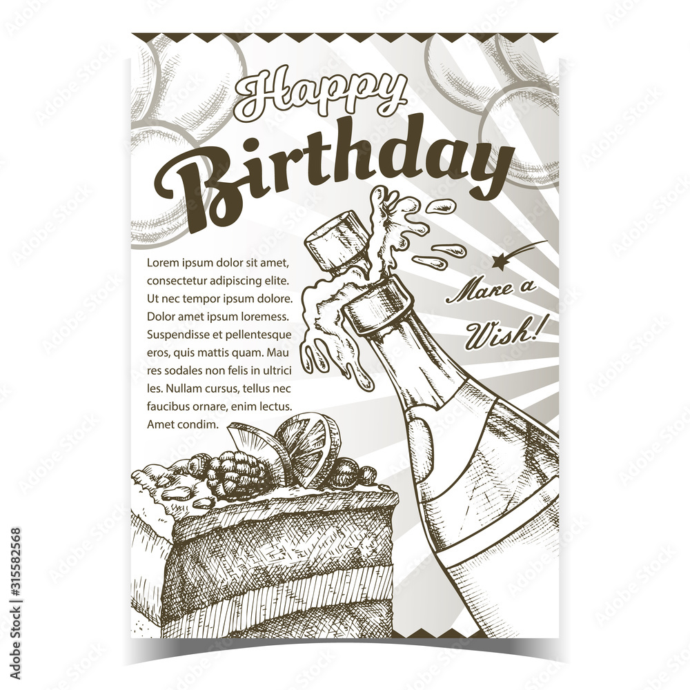 Wall mural happy birthday celebrate advertising poster vector. champagne blank bottle explosion, piece of fruit