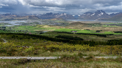 Scenic panorama of small town Leknes, Lofoten, Norway