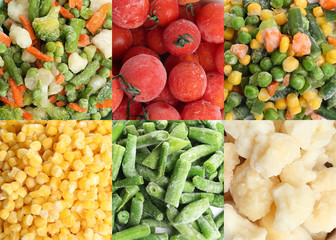 Collage with different frozen vegetables as background, top view