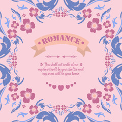 Poster decor for romance, with leaf and pink wreath unique frame. Vector