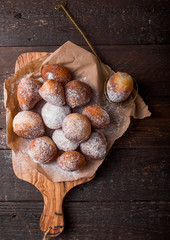 Bunuelos de viento - traditional Colombian sweet deep fried pastry. Spanish Easter doughnut. Mexican golden, crispy-sweet, tortilla-like fritters are sprinkled with sugar