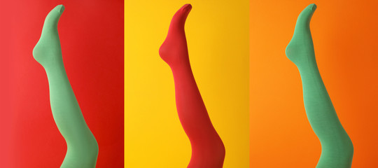 Collage of women wearing different bright tights on color backgrounds, closeup