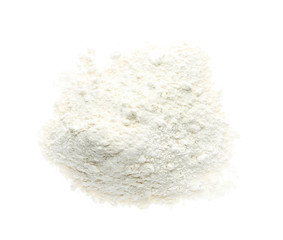 Pile of organic flour isolated on white, top view