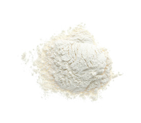 Pile of organic flour isolated on white, top view