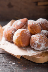 Bunuelos de viento - traditional Colombian sweet deep fried pastry. Spanish Easter doughnut. Mexican golden, crispy-sweet, tortilla-like fritters are sprinkled with sugar