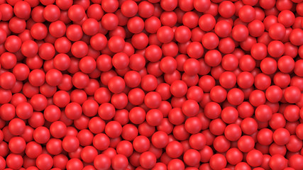 Red balls background. Pile of red toy balls. Realistic vector background