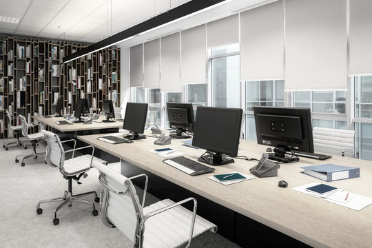 Computer Workplace Inside a Business Center (desaturated)-  3d visualization